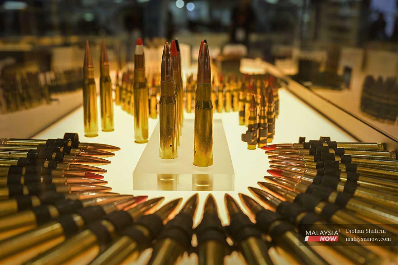 7.62x39mm live ammunition on display in the United Arab Emirates Pavilion exhibition hall.