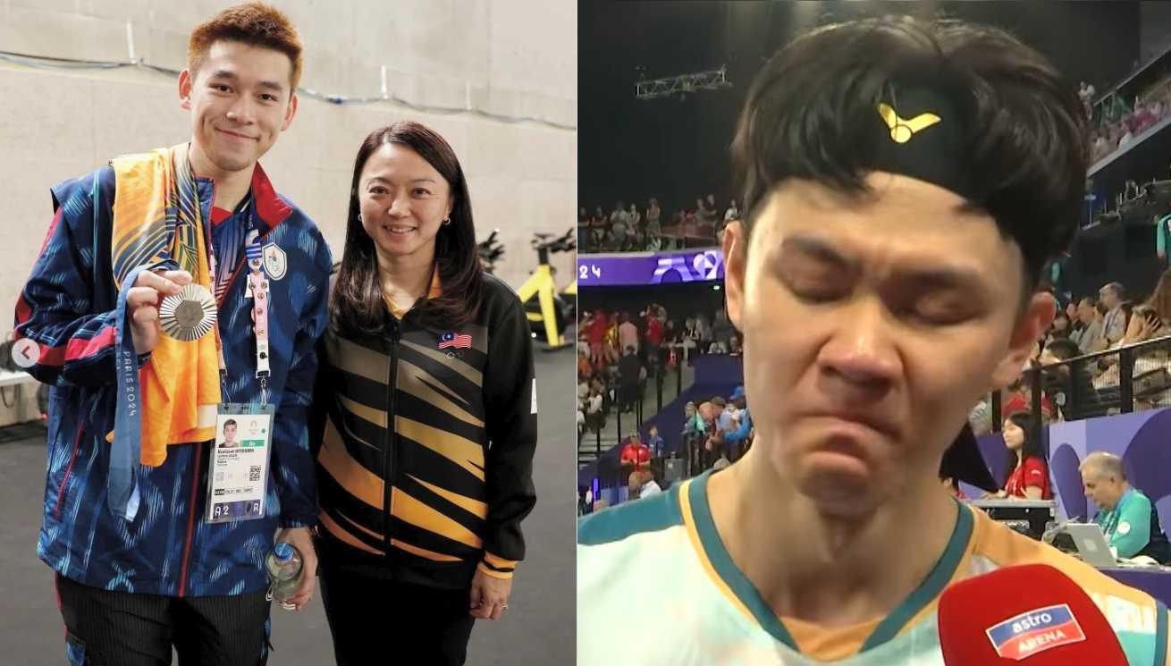 Youth and Sports Minister Hannah Yeoh proudly poses with Thailand's Kunlavut Vitidsarn, who beat national shuttler Lee Zii Jia (right), seen here giving an emotional interview after his defeat to Vitidsarn.