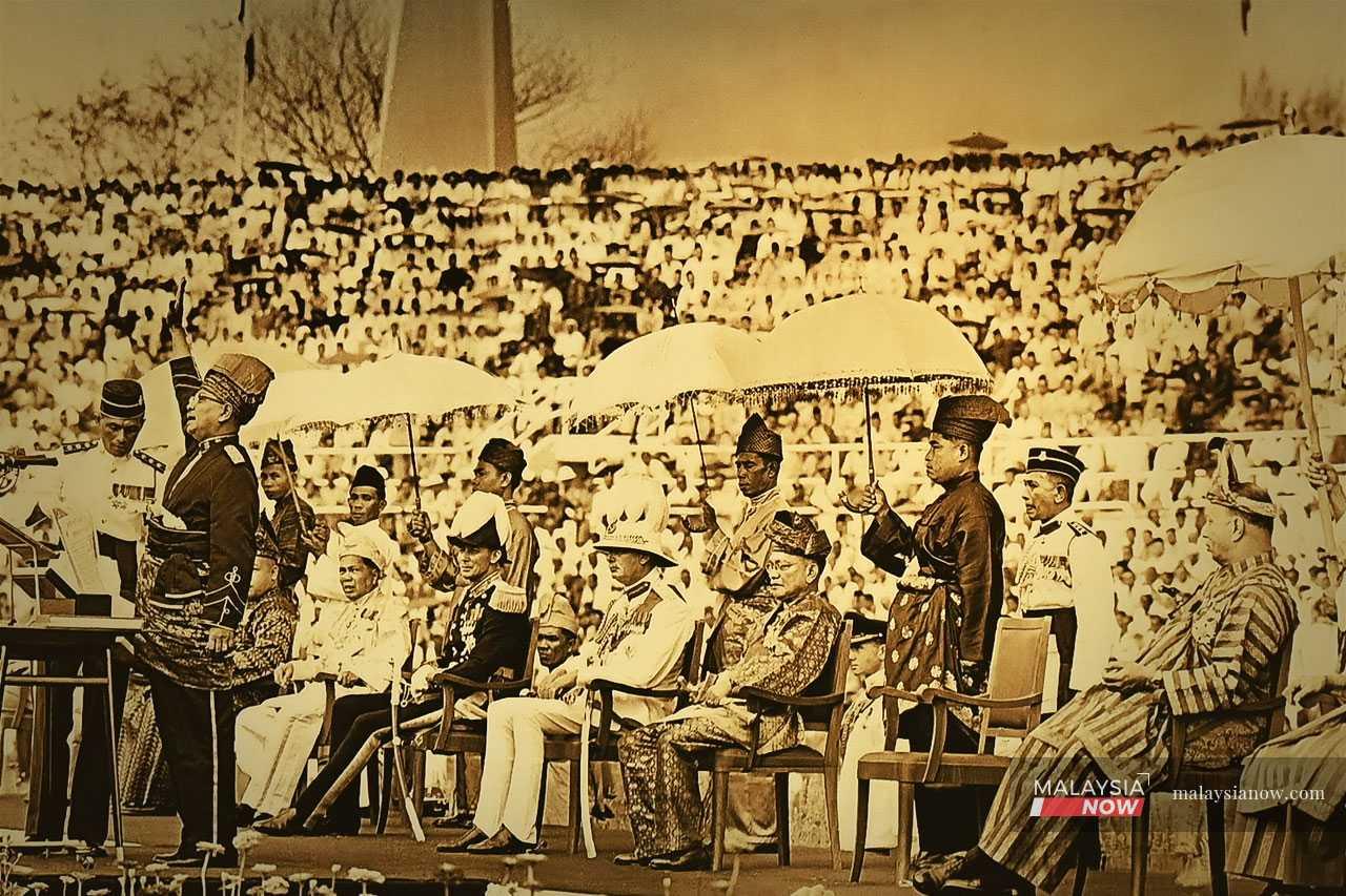 The famous image shows the Tunku leading the crowd in seven chants of 'Merdeka', marking the birth of the newly independent nation.