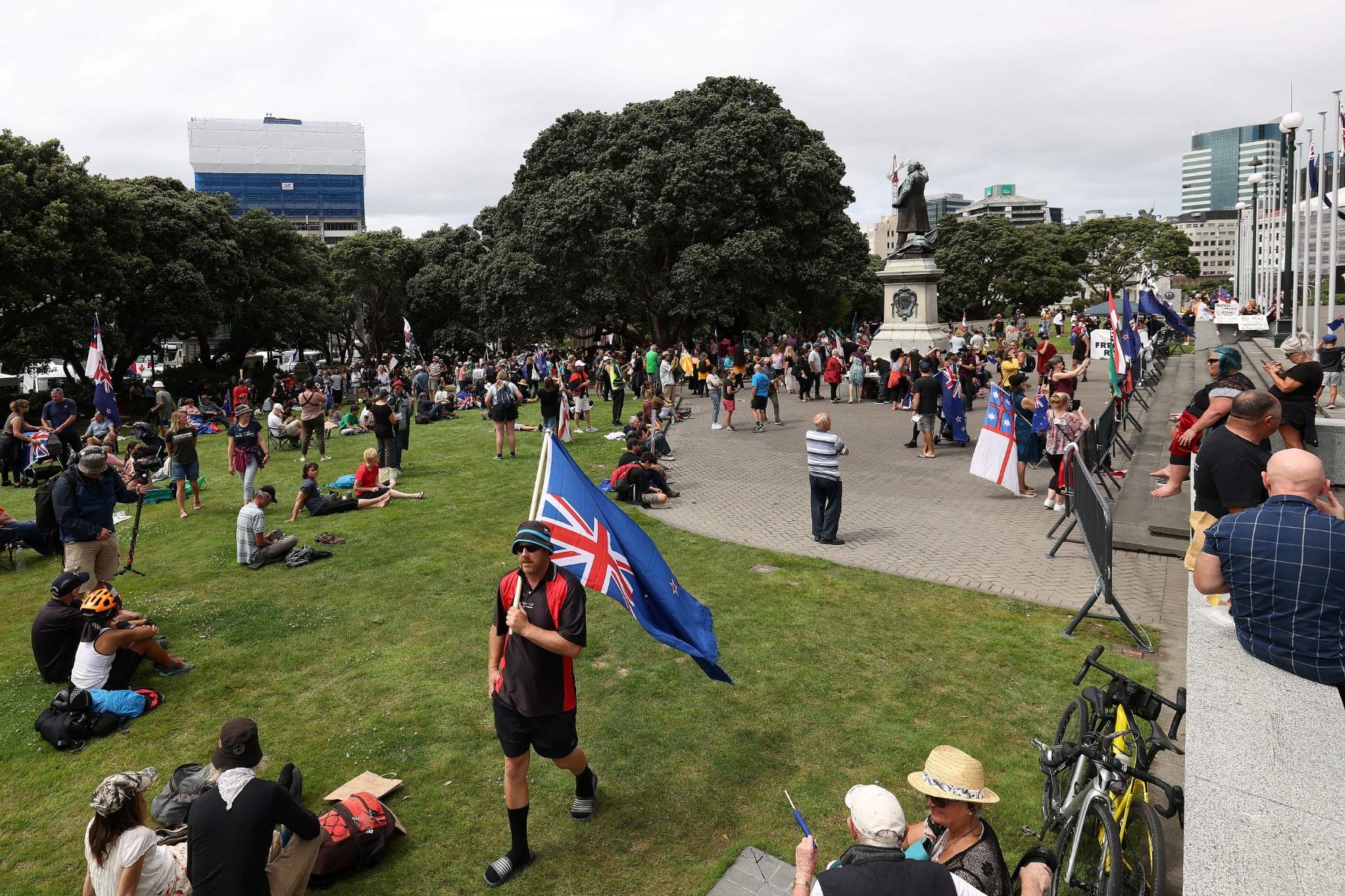 Protesters gather on the grounds in front of Parliament in Wellington on Feb 8, during a demonstration against Covid restrictions inspired by a similar demonstration in Canada. Photo: AFP